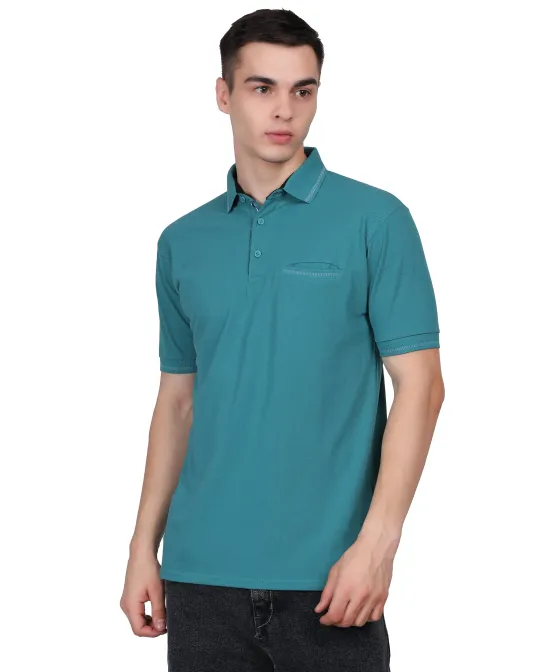 Model wearing a Gabha Enterprise teal pique cotton polo shirt